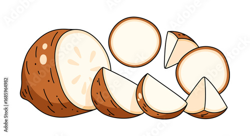 Conceptual illustration of sliced and whole cassava roots on a white surface