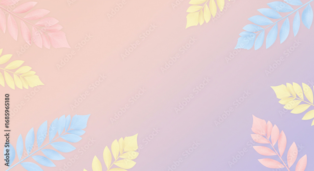 Fototapeta premium Soft pastel leaves frame a gentle gradient background, perfect for elegant design projects