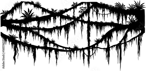 Liana plants silhouette. Tropical climbing creepers branches with moss, rainforest flora flat vector