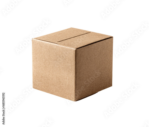 A closed, light brown cardboard box, square-shaped, sits on a plain black background.  A small slit is visible on the top