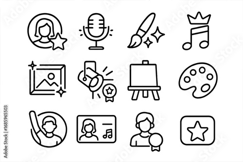 Artistic Icons Design. Line style icons of featured artists: portrait icon with star, microphone and label, brush with spark tag,