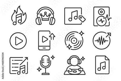 Music Trend Icons. Line style icons of trending music: music note with flame icon, headphones with crown, album cover with tag,
