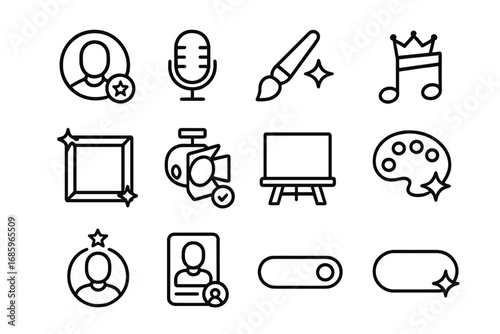 Artistic Icons Design. Line style icons of featured artists: portrait icon with star, microphone and label, brush with spark tag,