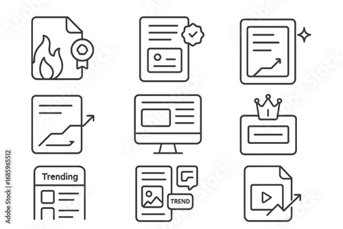 Trending Content Icons. Line style icons of trending digital content: file with flame tag, blog post with badge, e-book with