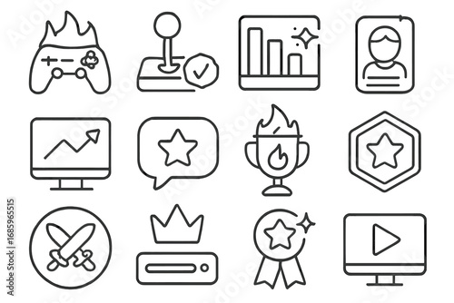 Trending Game Icons. Line style icons of trending games: controller with flame, joystick with badge, leaderboard with spark icon,