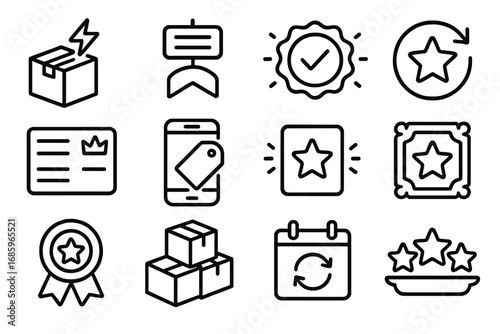 Subscription Icon Set. Line style icons of featured subscriptions: monthly box with spark, plan tier with label, best value badge,