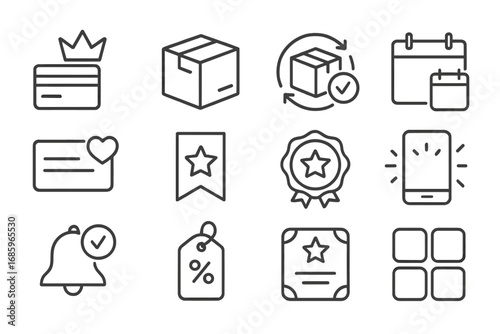 Subscription Icons Collection. Line style icons of recommended subscriptions: plan card with crown, box with label, recurring