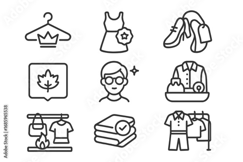 Fashion Line Icons. Line style icons of top fashion: hanger with crown, dress with star badge, shoes with label, bag with