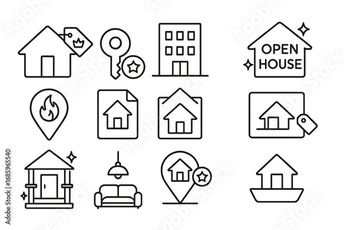 Real Estate Icon Collection. Line style icons of top real estate listings: house with crown tag, key with badge, apartment icon