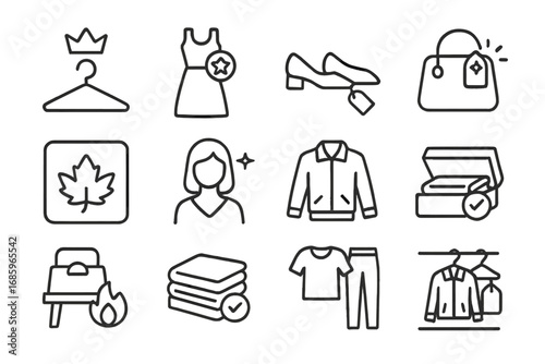 Fashion Line Icons. Line style icons of top fashion: hanger with crown, dress with star badge, shoes with label, bag with