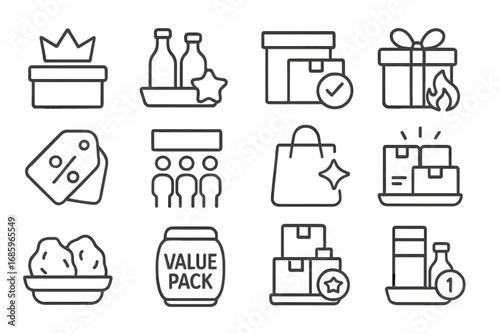 Icon Set Bundles. Line style icons of best bundles: combo pack with crown, dual item tray with star label, bundle icon with badge,
