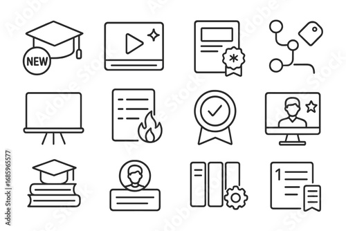 Course Icons Collection. Line style icons of latest courses: graduation cap with “new” label, video lesson screen with sparkle,