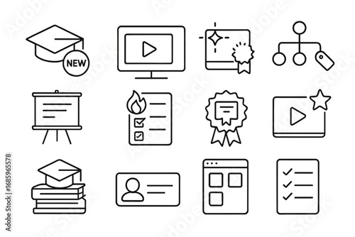 Course Icons Collection. Line style icons of latest courses: graduation cap with “new” label, video lesson screen with sparkle,