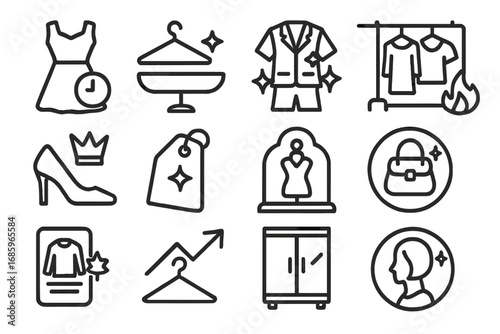 Fashion Icons Update. Line style icons of recent updates in fashion: dress with clock badge, hanger tray with spark, outfit icon