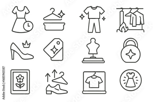 Fashion Icons Update. Line style icons of recent updates in fashion: dress with clock badge, hanger tray with spark, outfit icon
