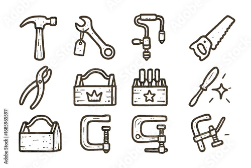 Vintage Tool Icons. Line style icons of old tools: hammer with wood handle, rusty wrench with tag, manual drill icon, hand saw