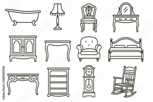 Vintage Furniture Icons. Line style icons of vintage furniture: clawfoot bathtub, rotary lamp, carved wooden chair, dresser with