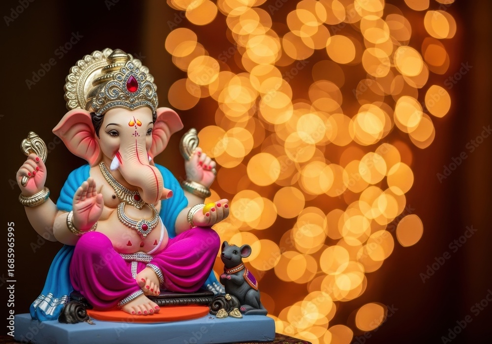 Fototapeta premium vibrant ganesha idol with intricate details sits against backdrop of glowing bokeh lights. ganesh chaturthi celebration. print design, greeting card, festive poster.