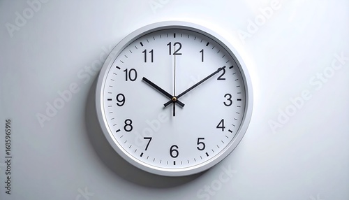 Wallpaper Mural A white, round wall clock with black numerals and hands. It displays time against a plain white wall Torontodigital.ca