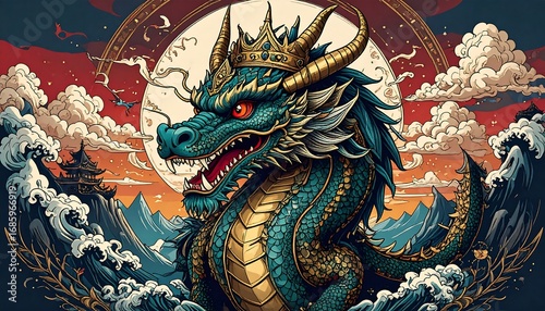 Wallpaper Mural Majestic dragon with crown, rising above waves Torontodigital.ca