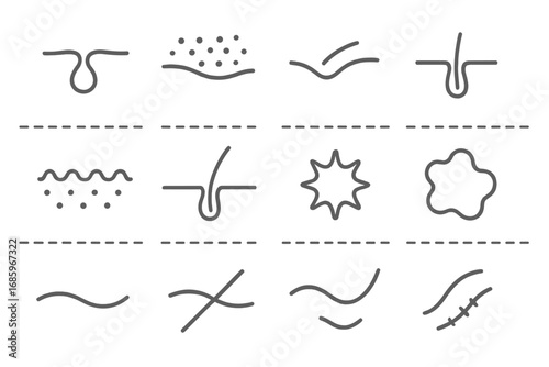 Organic Skin Elements. Line style icons of organic skin details: pore surface, freckle dot pattern, curved wrinkle, scar line;