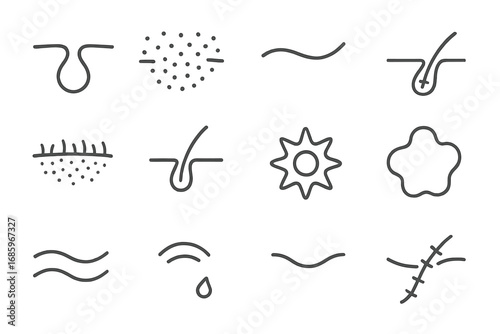 Organic Skin Elements. Line style icons of organic skin details: pore surface, freckle dot pattern, curved wrinkle, scar line;