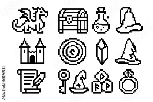 Pixel Fantasy Icons. Line style icons of pixel fantasy: pixel dragon, pixel treasure chest, pixel potion, pixel scroll; pixel
