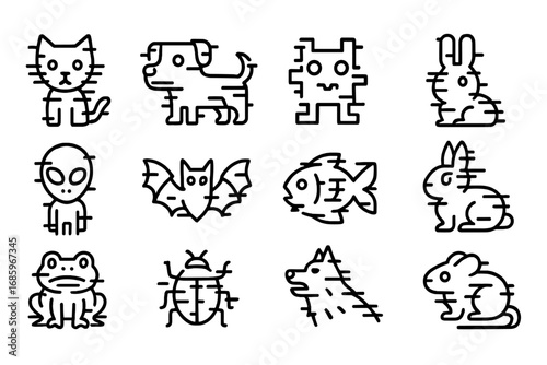 Glitched Creatures Icons. Line style icons of glitch creatures: glitched cat, distorted dog, pixel monster, flickering bird;