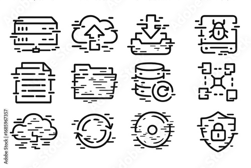 Glitchy Data Icons. Line style icons of glitch data: broken server, corrupted upload, flickering download, bugged storage;
