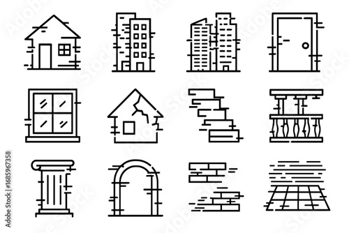 Glitched Architecture Icons. Line style icons of glitch architecture: glitched house, distorted building, duplicated tower, broken