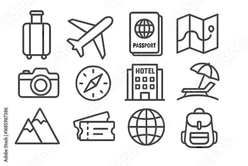 Monochrome Travel Icons. Line style icons of monochrome travel: monochrome suitcase, monochrome airplane, monochrome passport,