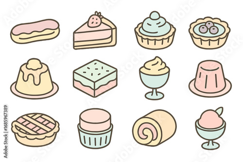 Pastel Dessert Icons. Line style icons of pastel desserts: pastel éclair, pastel cheesecake, pastel truffle, pastel tart; pastel