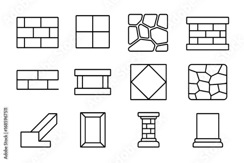 Stone Construction Icons. Line style icons of stone construction elements: stone brick, stone tile, stone paver, stone foundation;