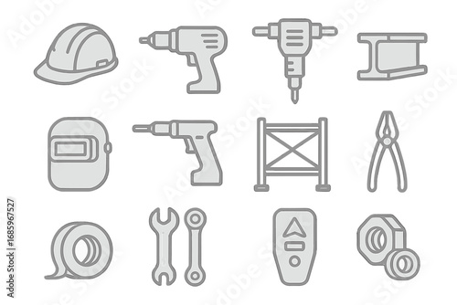 Metallic Construction Icons. Line style icons of metallic construction gear: metallic helmet, metallic drill, metallic jackhammer,