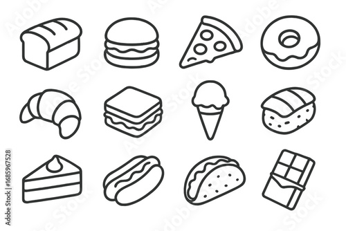 Matte Food Icons. Line style icons of matte food: matte bread, matte burger, matte pizza, matte donut; matte croissant, matte