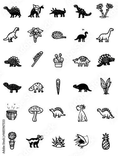 Hand drawn dinosaur and prehistoric plant icon collection.