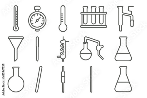 Glass Lab Instruments Icons. Line style icons of glass instruments: glass thermometer, glass barometer, glass hydrometer, glass