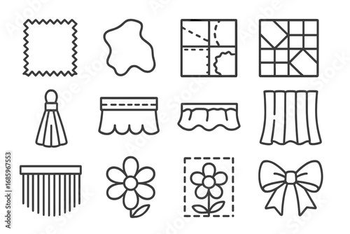 Fabric Craft Icons. Line style icons of fabric crafts: fabric swatch, fabric scrap, patchwork piece, quilt square; fabric tassel,