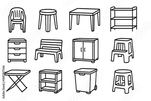 Plastic Furniture Icons. Line style icons of plastic furniture: plastic chair, plastic stool, plastic table, plastic shelf;