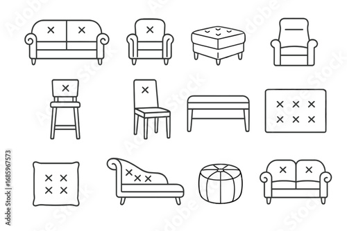 Leather Furniture Icons. Line style icons of leather furniture: leather sofa, leather armchair, leather ottoman, leather recliner;