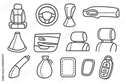 Leather Automotive Icons. Line style icons of leather automotive items: leather car seat, leather steering wheel, leather shift