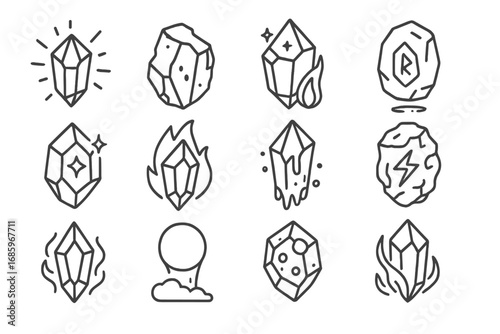 Mythical Mineral Icons. Line style icons of mythical minerals: glowing mana crystal, cursed obsidian, enchanted beryl, floating
