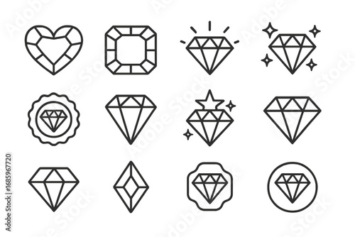 Diamond Line Icons. Line style icons of diamond symbols: diamond in heart shape, radiant diamond icon, shining diamond symbol,