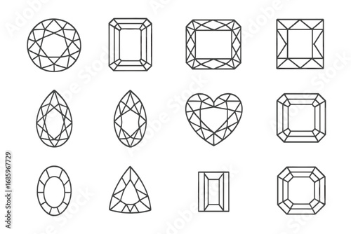 Diamond Cut Icons. Line style icons of classic diamond cuts: round brilliant diamond, emerald cut diamond, cushion cut diamond,