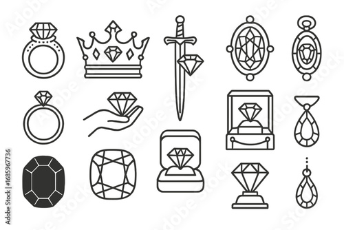 Diamond Icon History. Line style icons of diamond history and culture: ancient diamond ring, royal gem crown, historic gem sword,