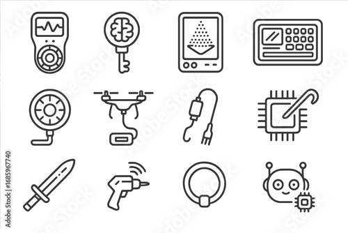 Fictional Hacker Tool Icons. Line style icons of fictional hacker tools: quantum decrypter, neural bypass key, holographic hackpad