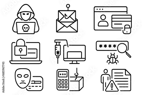 Cybercrime Icon Set. Line style icons of cybercrime activities: hacking laptop, phishing email, credit card skimming, fake website