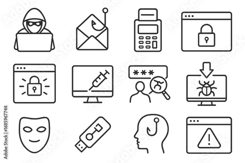 Cybercrime Icon Set. Line style icons of cybercrime activities: hacking laptop, phishing email, credit card skimming, fake website