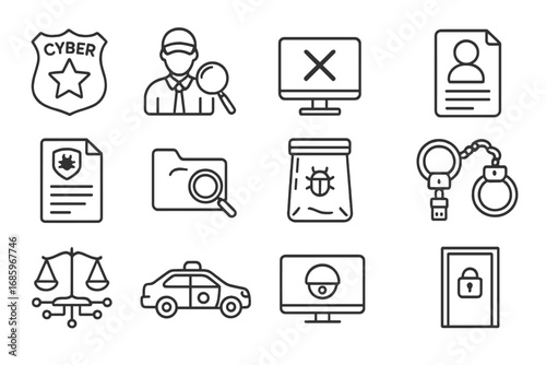 Cyber Crime Icons. Line style icons of cyber law enforcement: cyber police badge, digital forensic investigator, seized computer,