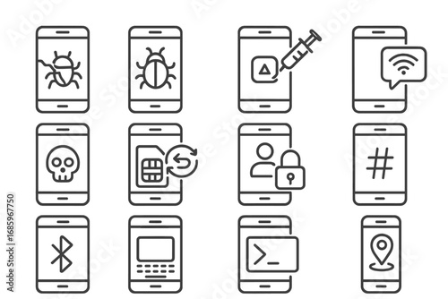 Mobile Hacking Icons. Line style icons of mobile device hacking: smartphone breach, mobile spyware, app injection, SMS sniffing;